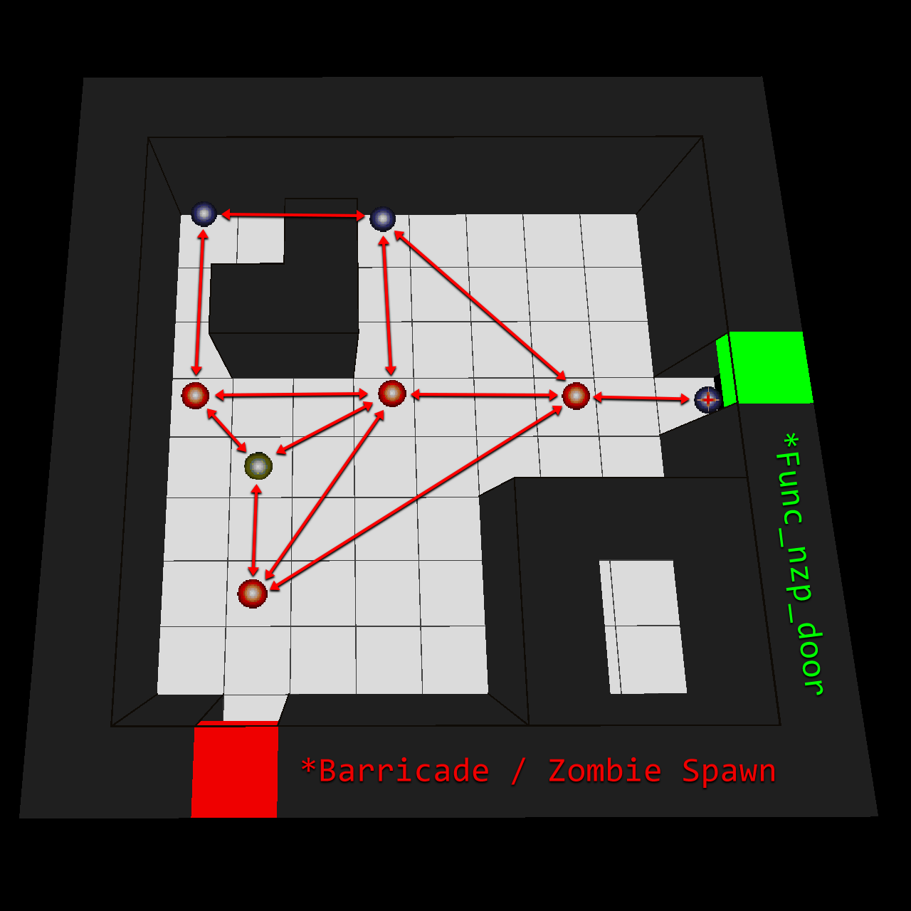 Example map of connected waypoint nodes, arrows indicating that nodes are linked in both directions.