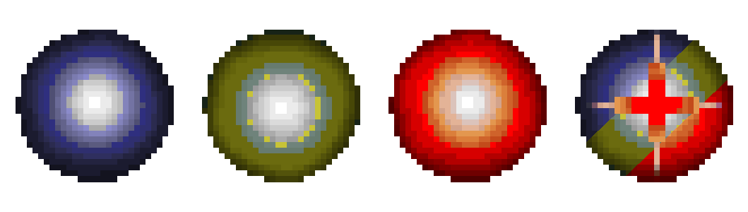 (Left to right) Blue-Default, Yellow-Selected, Red-Linked to Current, Special-Used for Doors (Same 3 colours as previous).